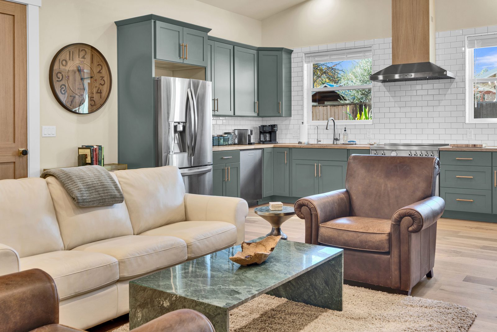 Open living room and kitchen at Bespoke on Oak, a one-bedroom vacation rental in downtown Paso Robles
