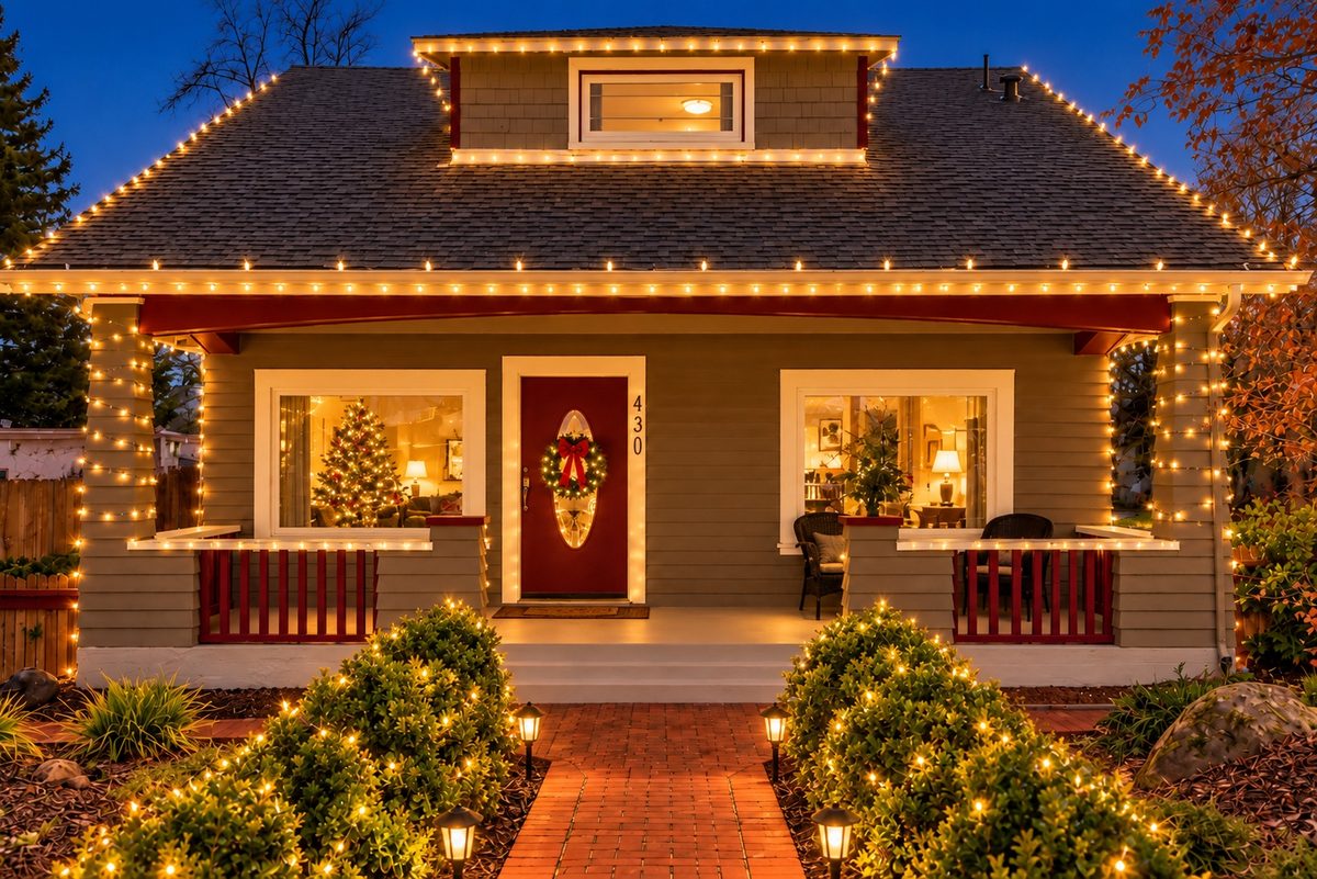 Home Squared, a Craftsman bungalow with a red front door, decorated with white string lights along the roofline, porch posts and front shrubs, and a wreath on the door
