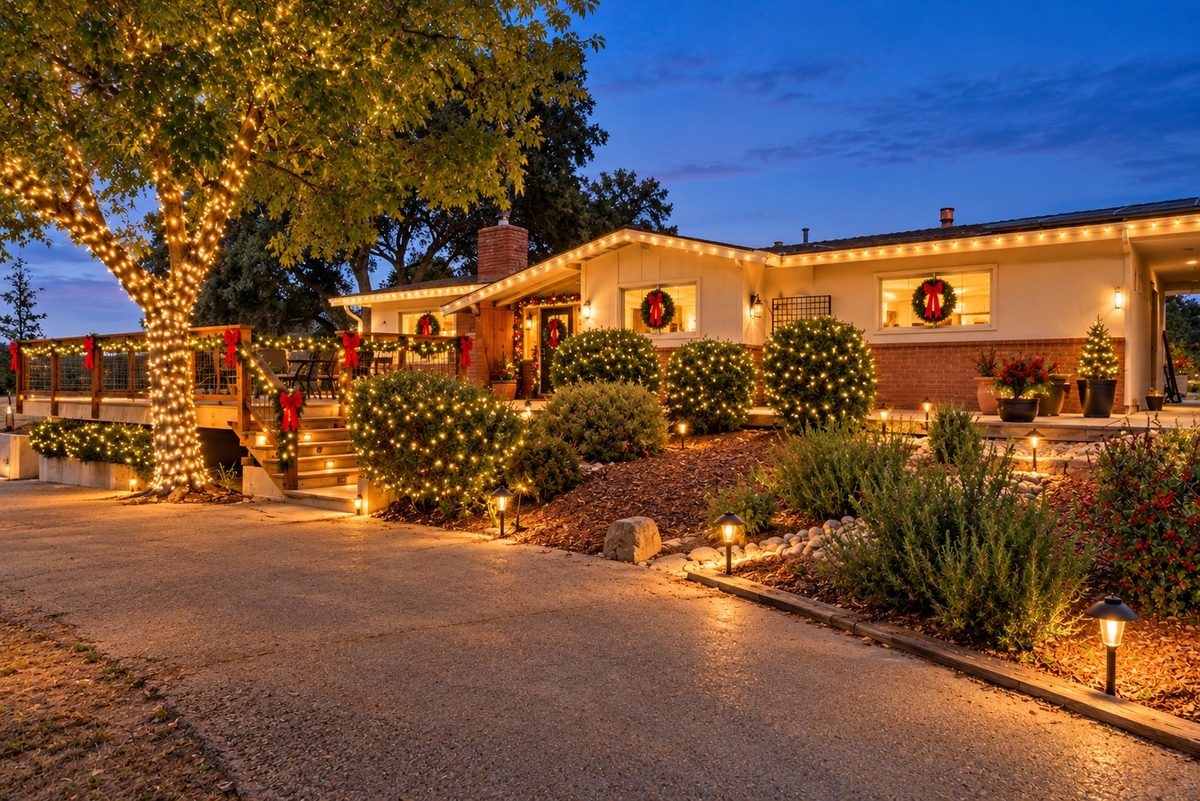 Oakwood Tranquility at dusk, a single-story home with string lights along the roofline, wreaths in the windows, a lit tree and garland-wrapped deck railings beside the driveway