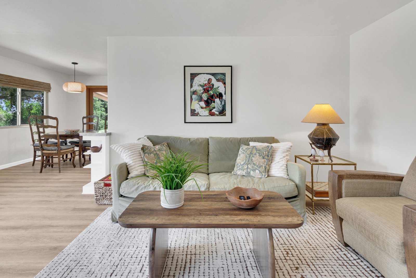 Open living and dining room with oak views at Oakwood Tranquility, a secluded vacation rental on acreage in Atascadero