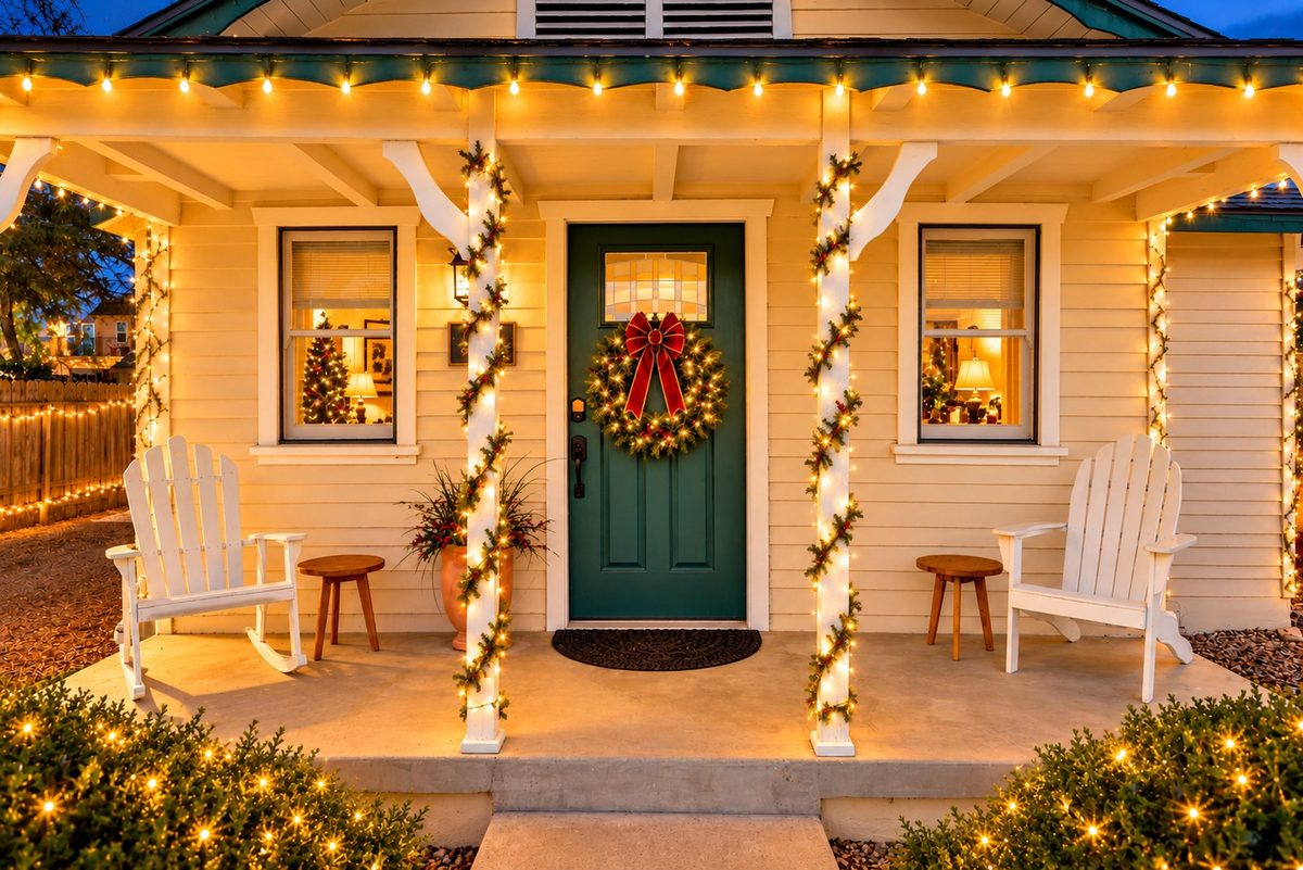 Front porch of Under the Oaks with a green door and wreath, two white Adirondack chairs, and porch posts wrapped in garland and white string lights