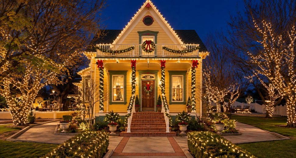Victorian Villa at dusk, a yellow Victorian home with green trim, evergreen garland and red bows on the porch and balcony, and white string lights on the trees