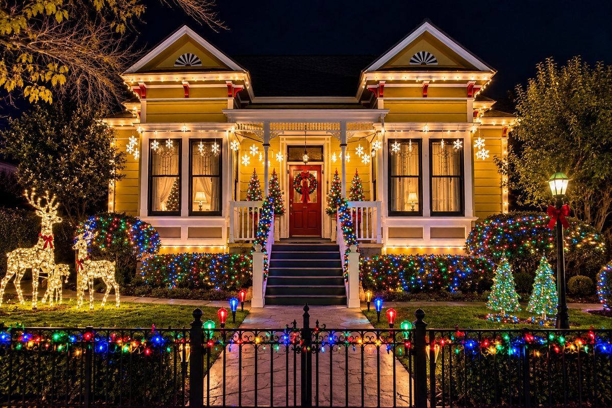 Yellow Victorian house at night covered in white and multicolored Christmas lights, with lighted reindeer on the lawn, snowflake lights on the porch and a lit iron fence