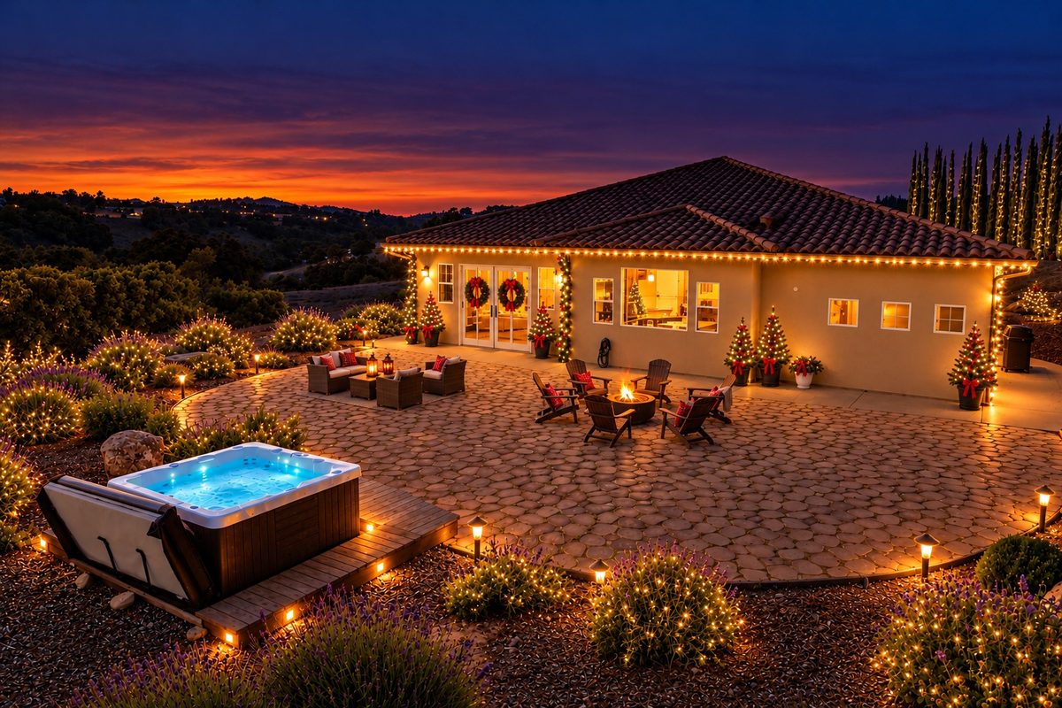 Vino on Vineyard at dusk, with string lights along the roofline, wreaths on the doors, a fire pit circled by chairs on the stone patio and a lit hot tub, above the hills at sunset